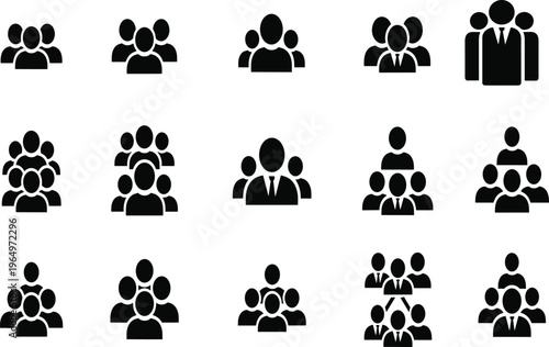 "Collection of black silhouette icons showing teamwork, leadership, collaboration, organization, and professional group dynamics for business, HR, education, and design presentations"