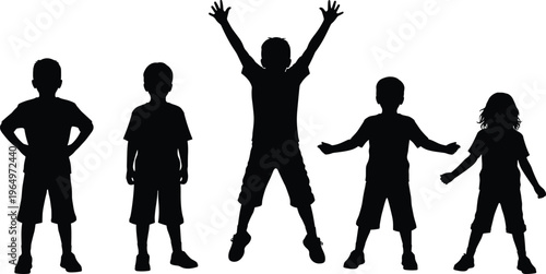 Happy Group of Kids Silhouette Set with Children Jumping and Standing in Diverse Poses Isolated on White Background for Youthful Community and Education Design (24 words)