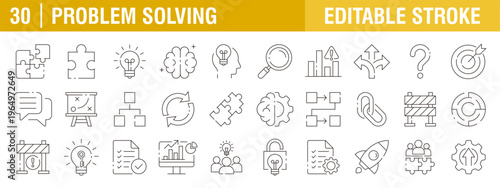 Collection of problem solving icons. Solution, maze, answer, resolve, issue and more. Vector design templates, signs, symbols, and editable strokes.