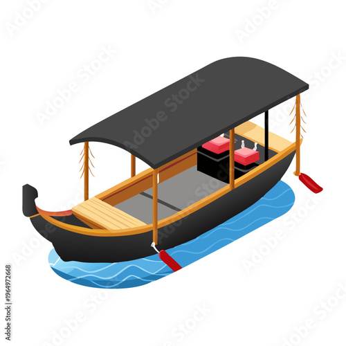 Traditional Wupeng Boat with Long Narrow Wooden Hull on Calm Water