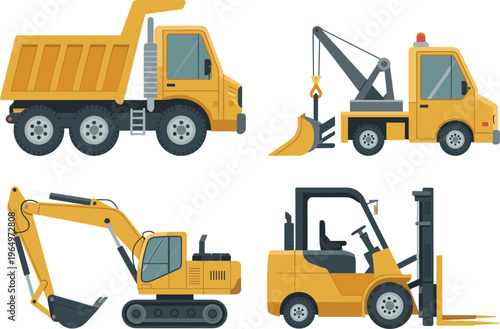 Construction vehicles set, dump truck excavator crane forklift heavy equipment industrial machinery vector illustration