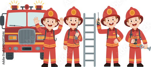 Firefighter characters set with fire truck, rescue equipment ladder tools cartoon emergency service illustration