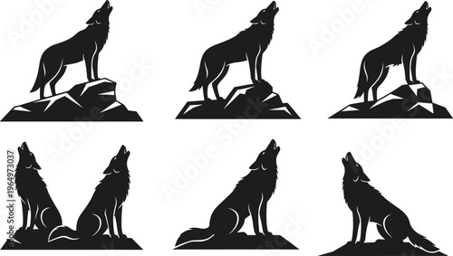 Silhouette illustrations of wolves howling on rocks and ground, wild animal vector set symbolizing wilderness, strength, nature, forest wildlife, predator pack unity, night scene
