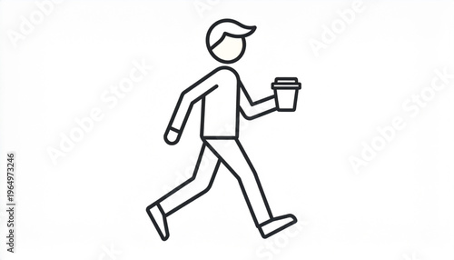 A simple line art illustration of a person walking and holding a coffee cup.