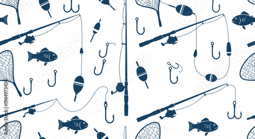 Seamless Fishing Pattern: Rods, Reels, Fish, Hooks, Nets, Floats - Blue on White