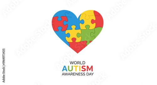 Colorful puzzle piece heart with World Autism Awareness Day logo on a supportive background, symbolizing autism acceptance concept.