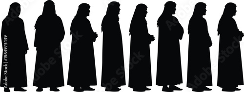 Silhouette illustrations of hooded cloaked figures in long robes, vector design set for mystery, fantasy, ritual, shadow art,