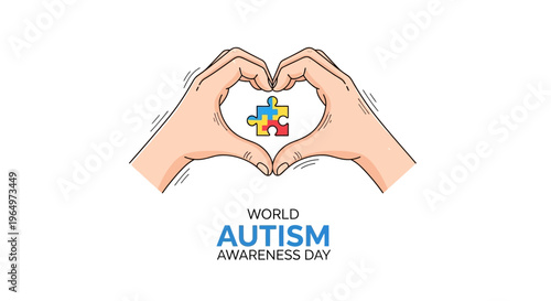 Illustration of hands forming a heart shape around a puzzle symbol for World Autism Awareness Day on a white background with a supportive concept.