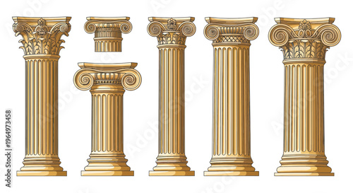 Set of Classical Corinthian Columns, Ancient Greek Architecture Elements Collection
