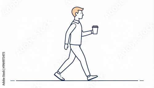 A minimalist line drawing of a man with light brown hair walking and holding a coffee cup.