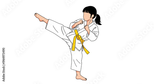 Young Girl Performing Karate Side Kick in White Gi with Yellow Belt