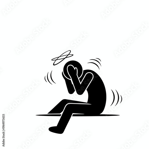 Stick Figure Icon Illustrating Dizziness Vertigo and Severe Migraine Symptoms with a Person Sitting and Holding Head