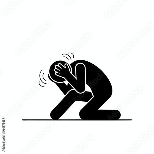 Detailed Stick Figure Pictogram of a Person Kneeling and Clutching Head in Intense Pain or Migraine