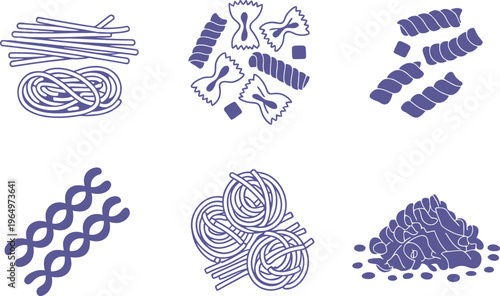 Collection of Various Pasta Shapes Illustrated in Purple Outline