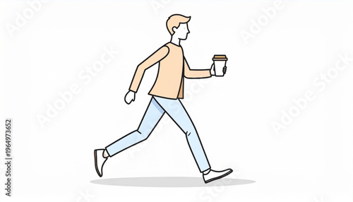 A man walking with a coffee cup in a simple line art style, depicted in profile with a beige shirt and blue pants.