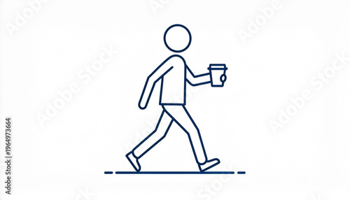 A minimalist line art illustration of a person walking and holding a coffee cup, depicted in profile.