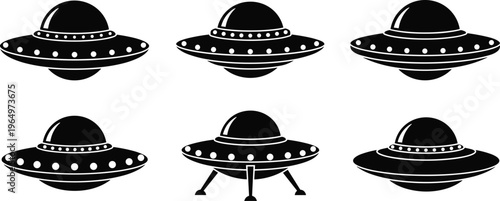 Collection of flying saucer UFO silhouettes in black and white, science fiction extraterrestrial spacecraft illustrations, alien spaceship designs, futuristic concept art, mysterious hovering objects