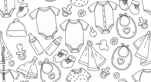 Foto Hand drawn baby items seamless pattern with clothes toys bottles pacifiers and a