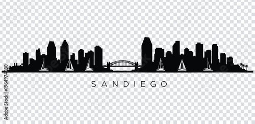 Vector illustration san diego city skyline silhouette with sailboats and bridge