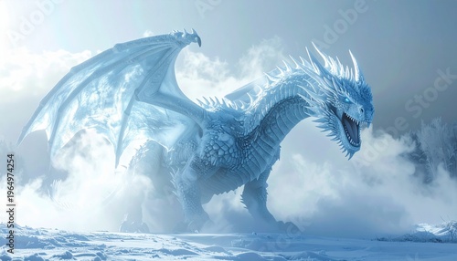 Majestic Ice Dragon Rising from a Frozen Landscape in Winter.