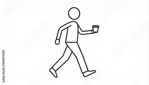 Line art illustration of a person walking and holding a disposable cup.