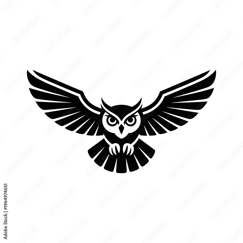 Obraz premium Owl silhouette icon with outstretched wings on a light background