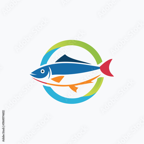 A stylized fish silhouette swimming within a circular emblem, symbolizing healthy seafood and aquatic life