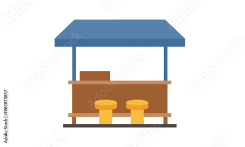 A simple illustration of a small food or drink stand with a counter and two stools, perfect for representing small businesses or casual dining establishments