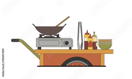 Street Food Cart with Wok Stove and Condiments, A Classic Outdoor Cooking Setup for Delicious Cuisine