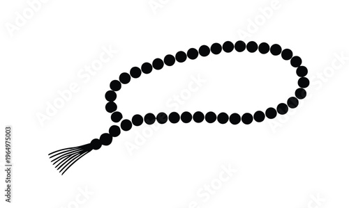 A black Islamic prayer beads rosary, also known as tasbih or misbaha, with a tassel on a white background