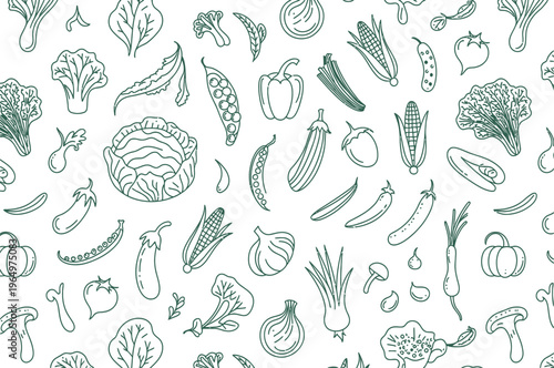 A dense collection of vegetable outlines covers a clean white background in this minimalist pattern. It includes various garden favorites like cabbage, corn, eggplant, and carrots.