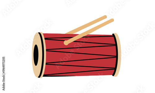 Vibrant red drum and drumsticks illustration, a symbol of rhythm, music, and celebratory sounds, perfect for adding a festive touch to any design project