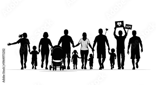 Silhouette of diverse family holding hands together.
