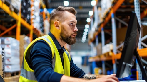 Focused Male Warehouse Worker Wearing Safety Vest Working on Computer in Distribution Center Environment