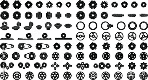 Comprehensive Collection of Mechanical Gear and Cogwheel Silhouettes Including Rack and Pinion Drive Systems for Industrial Engineering and Technical Machinery Projects