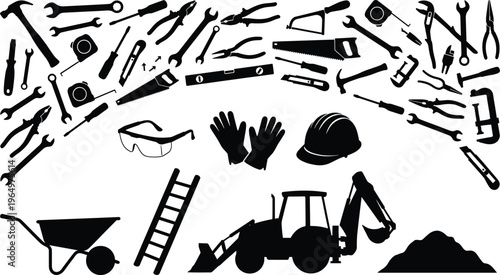 Construction Hand Tools and Heavy Machinery Silhouette Set Including Hammer Wrench Screwdriver Pliers Saw Hard Hat Safety Gloves Ladder and Backhoe Loader