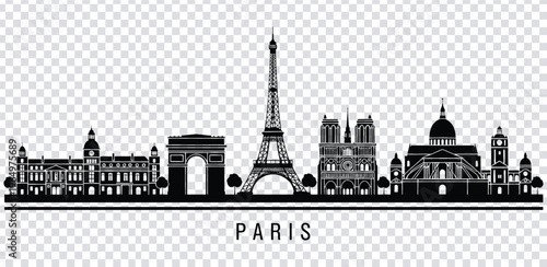 Vector illustration black silhouette of paris city skyline with famous landmarks