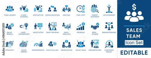 Sales team icon set. Containing business, marketing, lead generation, revenue, target audience, management and more. Solid vector icons collection.