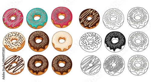 Assortment of Colorful Donuts and Line Art Donuts