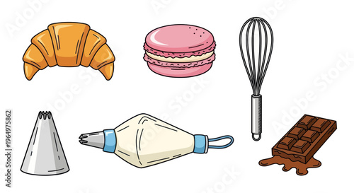 Baking Ingredients and Tools Collection: Croissant, Macaron, Whisk, Piping Bag, Chocolate