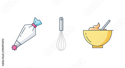 Baking Tools: Piping Bag, Whisk, and Bowl with Cream