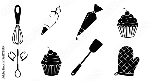 Baking Tools and Cupcakes Silhouette Icons Set