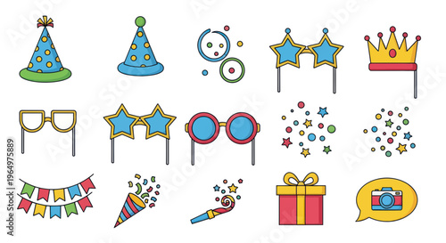 Birthday Party Icons: Hats, Masks, Gifts, Confetti, Camera & More