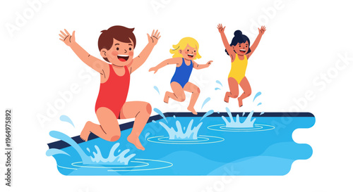 Children jumping into swimming pool, summer fun, kids splashing water, active lifestyle