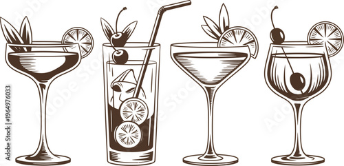 Four different cocktail glasses are rendered in a classic hand-drawn sketch style. Each drink is garnished with fruits like cherries and citrus slices to enhance the visual appeal.