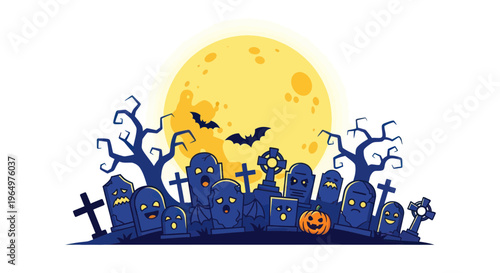 Spooky Halloween Graveyard with Ghosts, Bats, Pumpkin, and Full Moon