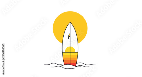 Surfboard Silhouette at Sunset with Ocean Waves and Sun Graphic