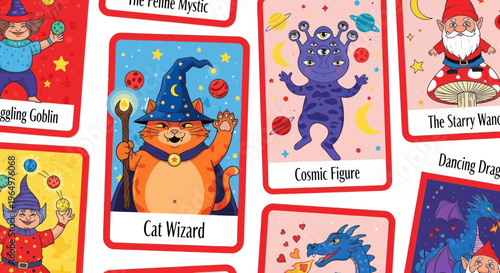 Whimsical Tarot Cards: Cat Wizard, Cosmic Alien, Gnome, Dragon, Goblin
