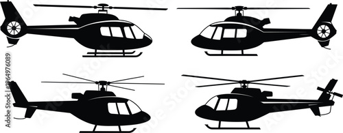 Helicopter silhouette set, black aviation transport icons isolated, military rescue chopper vector collection