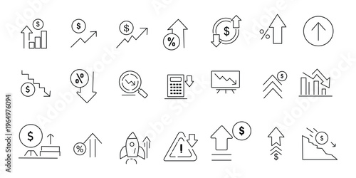 Financial increase and decrease arrow icons showing profit loss money flow and investment trends.